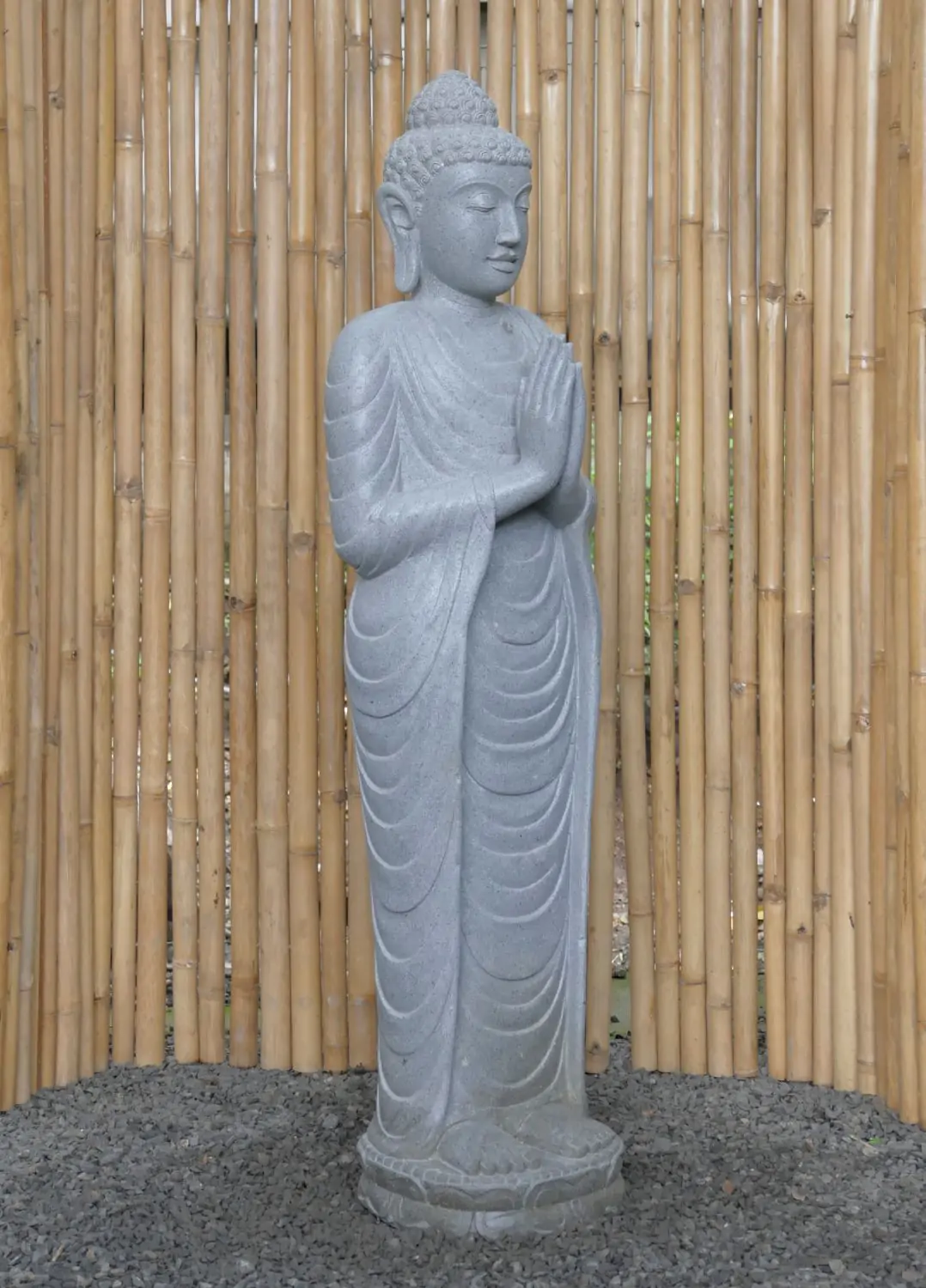  Product image 6 of the product “Standing Buddha made of Riverstone, position Namaskara , H. 151cm. ”